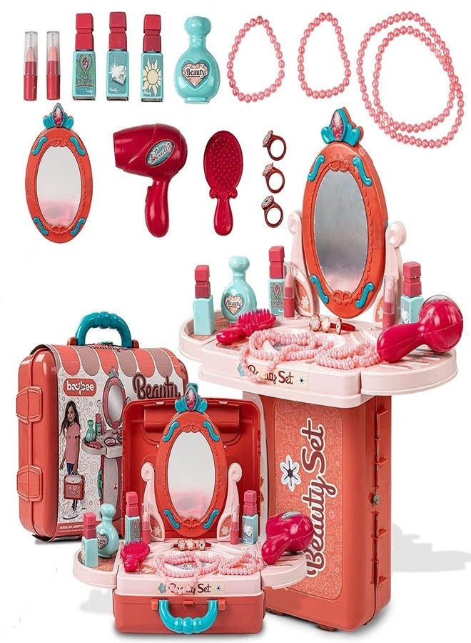Chiransi 3 in 1 Beauty Set for Kids Girls Learning Educational Make Up Suitcase Kit with Makeup Accessories Pretend Play Set Portable Suitcase Toy Gift for Girls (Beauty Set) - Image 2